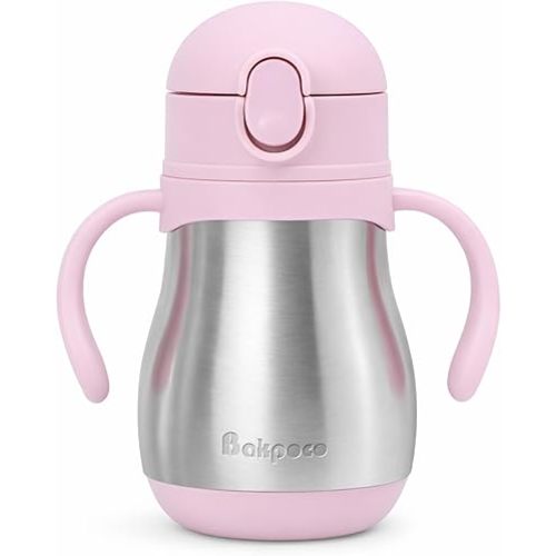 Stainless Steel Sippy Straw Cup for Toddlers 1-3 Years Old, Insulated Toddler Water Bottle Baby Training Tumbler with Handles, 8oz Kids Straw Cups for Travel, Daycare & At Home, Pink