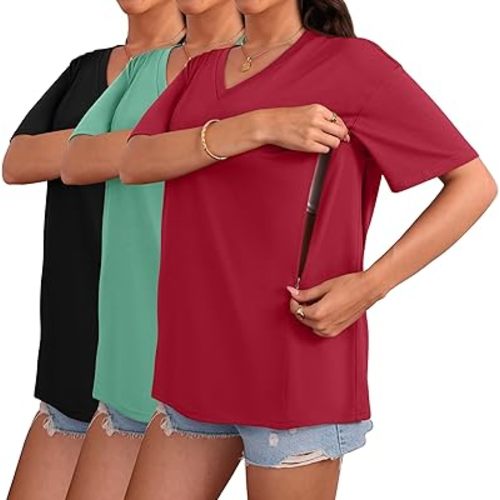 3 Pack Women's Oversize Nursing Shirts for Breastfeeding with Hidden Zippers Loose Fit Short Sleeve Maternity Tops