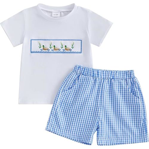 Toddler Baby Boy Hunting Outfit Summer Short Sleeve Mallard Duck T-shirt Checkered Plaid Shorts Two Piece Clothes