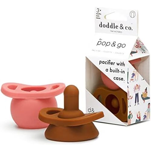 Doodle & Co. Pop & Go Pacifier for New Born Babies with Built-in Case | Pinch to Close Version | 100% Silicone for Infants Without Teeth | Helps Promote Oral Development | Peach/Spice| 3+ Months