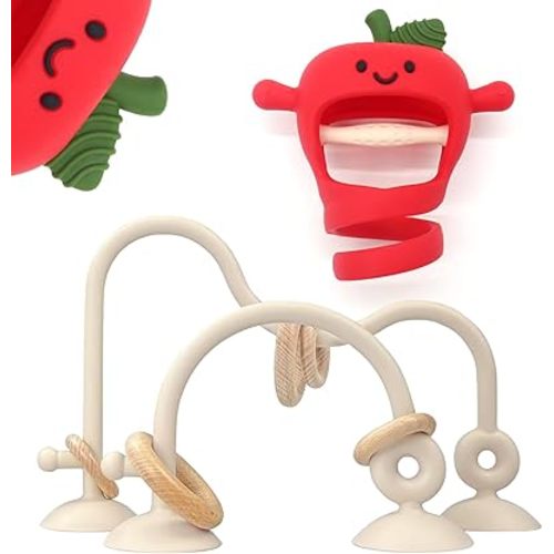 Baby High Chair Suction Toys Teething Chew - Silicone Apple Teething Relief Toys Silicone Teethers Table Toys, Food Grade Silicon for 6 12 18 Months(Red)