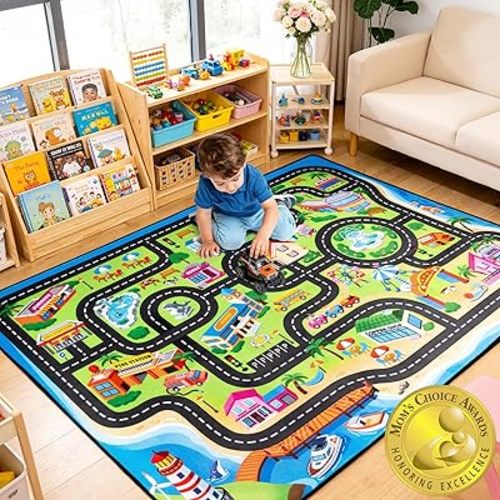 Kids Road Rug 6x9, Town Road Map Car Play Mat for Toy Cars