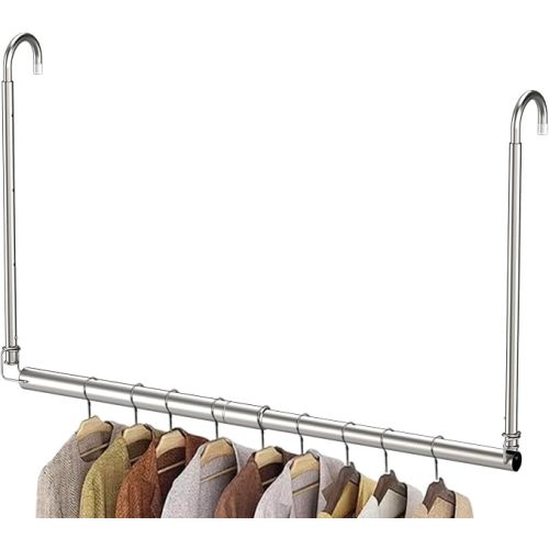 Hanging Closet Rod, Adjustable Height & Width Closet Rods for Hanging Clothes-Closet Extender Hanging Rod Space-Maximizing Design Suitable for Hanging and Drying Clothes, Silver
