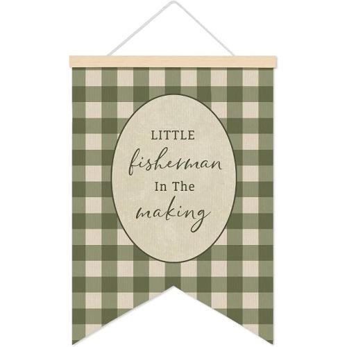 LARNDUMAMA Fishing Nursery Decor Wall Canvas Banner, Green Checkered Nursery Wall Art, Boy Nursery Hanging Banner Decor for Toddlers Boys Room, Little Fisherman Wooden Poster Frames, 12x16 Inch