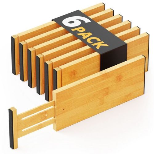Set of 6 Bamboo Dresser Drawer Dividers: Adjustable from 12.5” to 17”, 4.65” High, Nutral