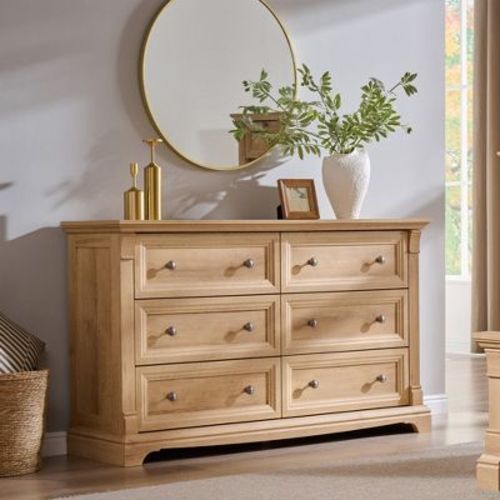 6 Drawer Dresser, 54" W Farmhouse Wooden Dresser with Roman Column for Bedroom Living Room Hallway, Natural