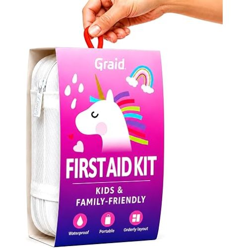 Graid Kids First Aid Kit 88 Pcs—Unicorn Waterproof Travel First Aid Kit for Toddlers, Children& Family | Compact Portable Mini Kit for Car, Camping, School, Backpack & Diaper Bag