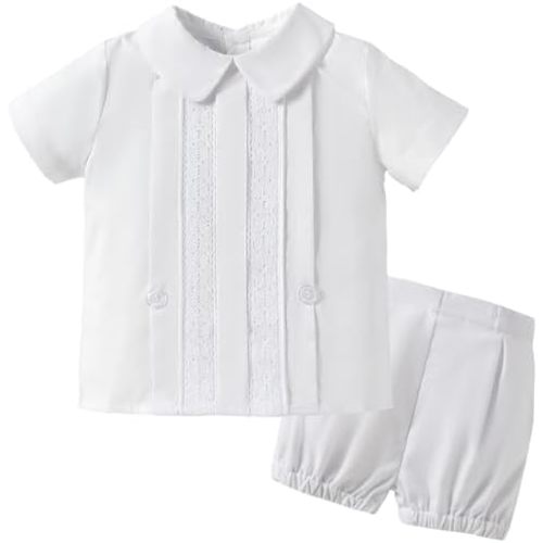 Booulfi 9-12 Month Boy Clothes Summer White Dress Shirt Shorts Boys 3T Summer Outfits Baptism Outfits Toddler Boy Short Set
