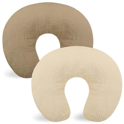 Muslin Nursing Pillow Covers 2 Pack, Soft and Breathable Nursing Covers for Breastfeeding Pillows, Adorable Infant Feeding Pillow Slipcover for Baby Boy and Girls (Brown Wheat)