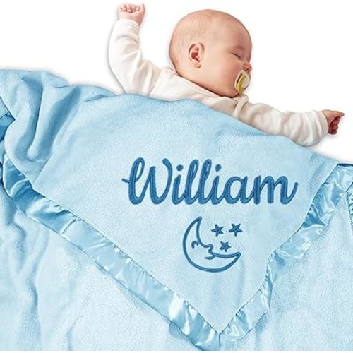 Personalized Baby Blanket with Name, Custom Flannel Swaddle Blankets, Customized Embroidered Receiving Blanket for Boys, Baby Shower Birthday for Newborn - Blue(36" x 36")