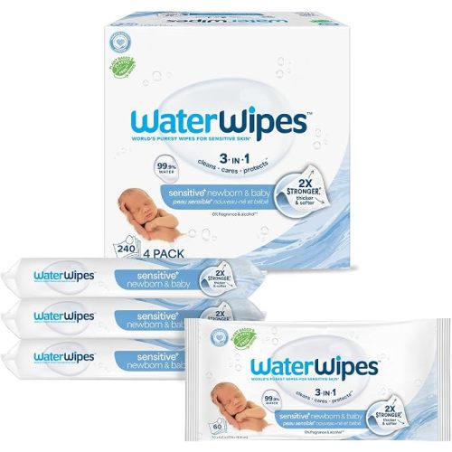 WaterWipes Plastic-Free Original Baby Wipes, 99.9% Water Based Wipes, Unscented & Hypoallergenic for Sensitive Skin, 240 Count (4 packs), Packaging May Vary
