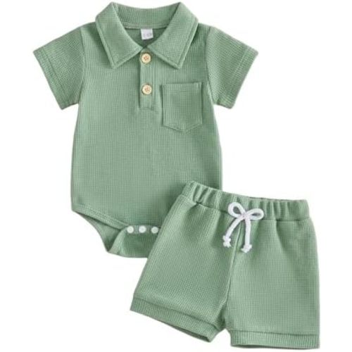 Newborn Baby Boy Summer Outfit Solid Color Waffle Knit Short Sleeve Collared Romper Shorts Set 0 3 6 9 12 18 Months