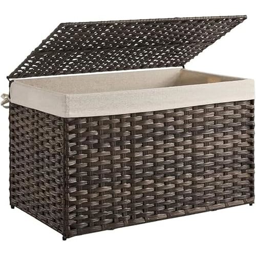 SONGMICS Storage Basket with Lid, Woven Blanket Storage Bin with Handles, Foldable, Removable Liner, Metal Frame, for Bedroom, Laundry Room, 42.3 Gallons (160 L), Brown URST76BR