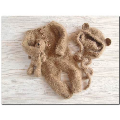 Newborn photo outfit Bear bonnet Romper and Toy Newborn bear costume Animal Newborn boy animal photo outfit Coming home outfit
