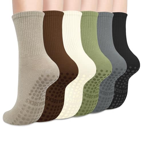 Justay 6 Pairs Pilates Socks with Grips for Women Soft Non Slip Crew Cotton Athletic Workout Barre Hospital Yoga Socks