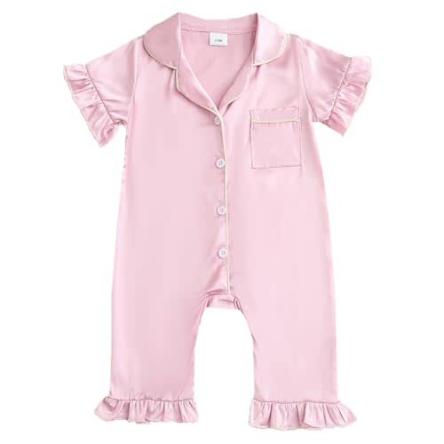 Multitrust Newborn Baby Boy Girl Silk Pajamas Short Sleeve Button Up Satin Pjs One Piece Romper Onesie Shorts Baby Sleepwears