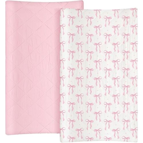 Frienda 2 Pack Pink Changing Pad Covers Waterproof Pink Bow Muslin Changing Pad Covers 32 x 16 Inch Coquette Quilted Cotton Fitted Diaper Sheet Breathable Extra Thick Sheets for Girls