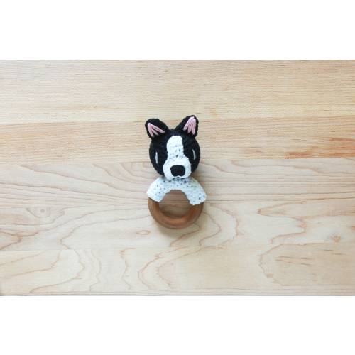 Crochet Boston Terrier Rattle Wooden Teether – baby toy, handmade to order