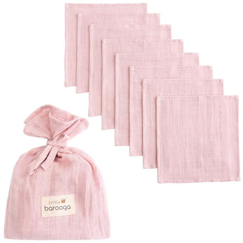 Barooga Muslin Baby Washcloths, Burp Cloths, Set of 8 + Muslin Bag, Small, 11x11 in, Unisex (Pink)