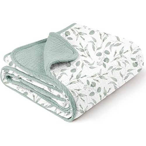 Konssy Muslin Baby Blankets for Girls Boys, 100% Cotton Crib Blanket for Infant Toddler, Super Soft and Lightweight Nursery Swaddling Wrap 40"x36" (Green Leaves)