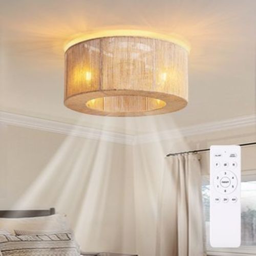 Ludomide 17.7" Boho Flush Mount Caged Ceiling Fan With Lights and Remote, Rustic Low Profile Fandelier For Bedroom