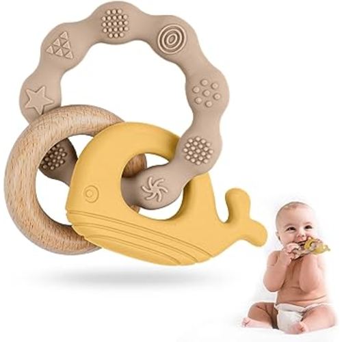 Vicloon Baby Teether Toys, Silicone & Natural Wood Teether Ring, Baby Teething Toys for Babies 0 Months+, Silicone Chewable Rings for Newborn Gift（Yellow）