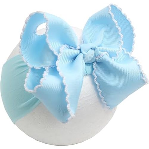 6'' Jumbo Blue Baby Girls Bow Headbands, Handmade Grosgrain Moonstitch Boutique Baby Headwraps, Super Stretchy Soft Nylon Headbands for Newborns, Infants & Toddlers