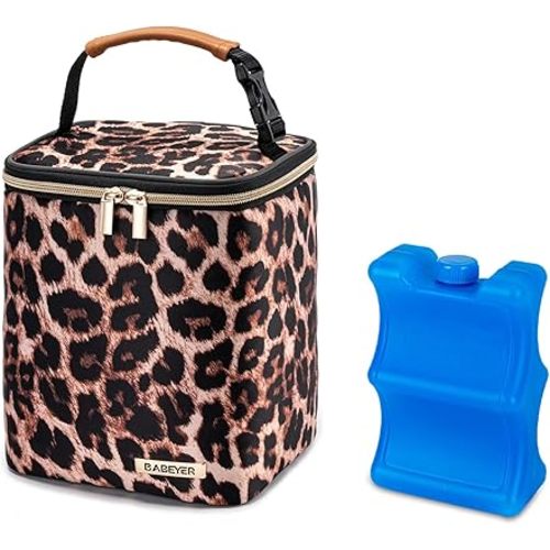 BreastMilk Cooler Bag with Ice Pack Fits 4 Baby Bottles Up to 9 Ounce, Baby Bottle Bag for Nursing Mom Daycare-Leopard Print