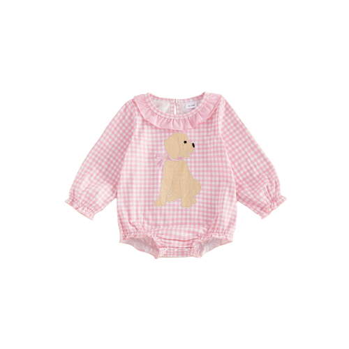 Baby Girl Fall Clothes Long Sleeve Puppy Plaid Bubble Romper Smocked Outfit