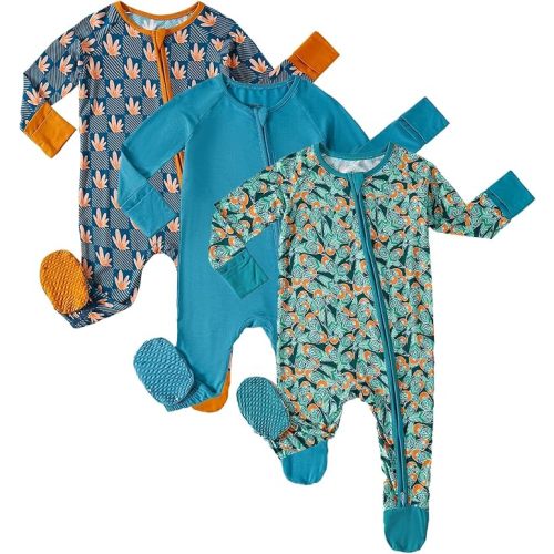 OPAWO Bamboo Baby Pajamas 3 Pack, 2 Way Zipper Newborn Footie Pajamas with Mitten Cuffs, Bamboo Sleepers for Baby Girl Onesie