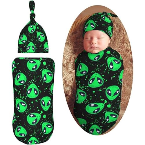 Green Alien Head Newborn Swaddle Blanket with Beanie Set Soft Baby Sleep Sack Stretch Adjustable Swaddle Wraps Receiving Blankets