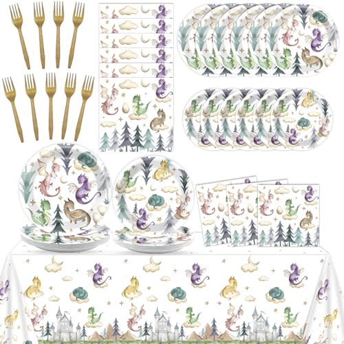 98 Pcs Watercolor Dragon Tableware Set Magic Dragon Party Plates Napkins Dragon Table Cover Fantasy Dragon Dinnerware for Kid Boy Girl Birthday Party Decorations Favors for 24 Guest