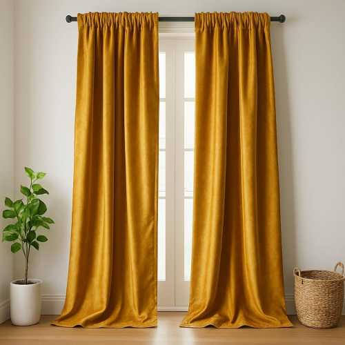 Boho Mustard Yellow Velvet Blackout Curtains | Extra Long Drapes | Luxury Farmhouse Window Panels for Living Room Festival & Holiday Décor