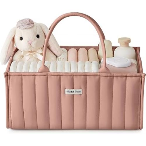 Blissful Diary Baby Diaper Caddy Organizer, Nursery Storage, Blush Pink | Portable Storage Basket with Removable Dividers, Gift for Baby Shower, Newborn Boy & Girl Essentials, Baby Registry Must Have