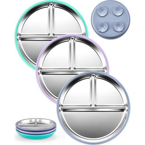 MIMORE Stainless Steel Kids Plates - 3 Pack 9.25" Stainless Steel Baby Plates with Suction - Non Toxic & BPA Free