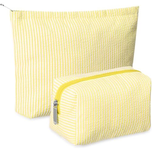 Huhumy 2 Pcs Bag Set Cute Cosmetic Pouch for Women Seersucker Travel Toiletry Bag Preppy Small Makeup Purse Pouch Aesthetic Skincare Brushes Storage Organizer for Valentine Women(Yellow)