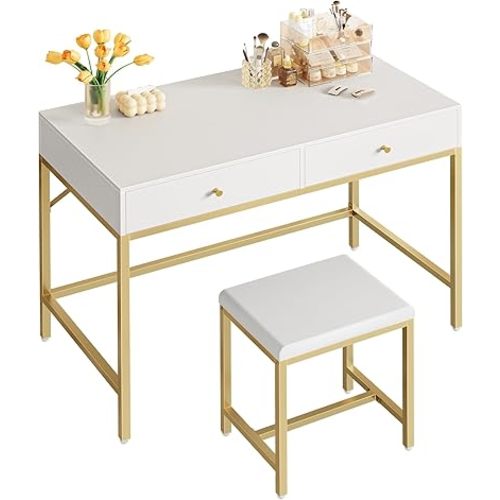 SUPERJARE 35.4" White and Gold Desk with 2 Drawers, Modern Makeup Vanity with Padded Stool, Small Computer Desk Home Office Desk for Writing Study Bedroom