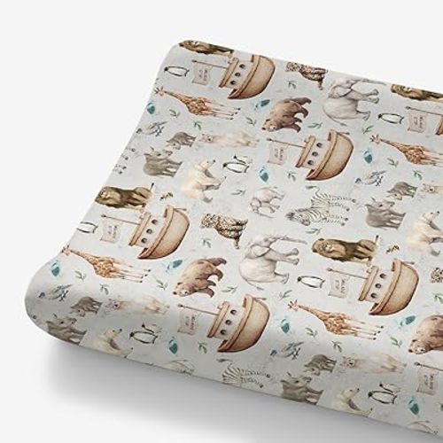 HawSkgFub Noah’s Ark Animal Boat Changing Pad Cover for Baby Girl Boy, Natural Elephant Bear Giraffe Rhino Ship Diaper Change Table Covers, Soft Safe Snug Fitted Changing Mat Sheets Fit 32"/34" x 16"