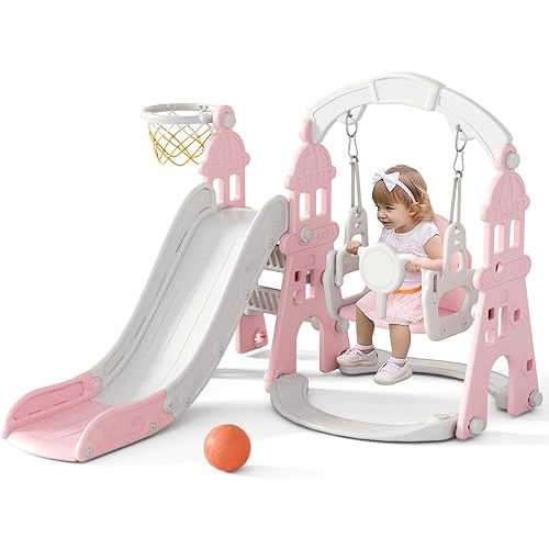 KORIMEFA 4-in-1 Kids Slide and Swing Set, Toddler Slide with Basketball Hoop, Swing, Outdoor Indoor Playground for Toddlers 1-3 (4 in 1-Pink)