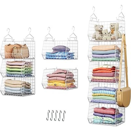 5 Tier Closet Hanging Organizer, Clothes Hanging Shelves with 4 Hanging Hooks 5 S Hooks, Wire Storage Basket Bins, for Clothing Sweaters Shoes Handbags Clutches Accessories Patent Design-White