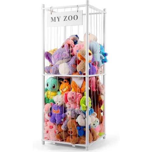 Stuffed Animal Storage Zoo, Wooden Stuffed Animal Organizer with Elastic Cords for Boys Girls, Space Saving Toy Plushies Storage Holder for Playroom, Bedroom, Living Room (White, Large)