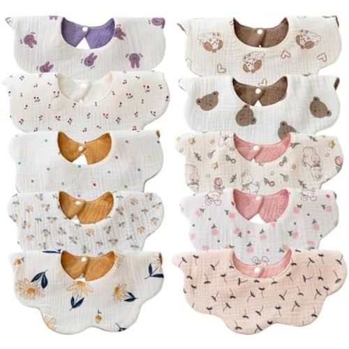 EllieHouse Baby Bibs for Girls Boys 10Pack Muslin Drool Teeth Drooling Teething Bibs Muslin Cotton for Infant Toddler