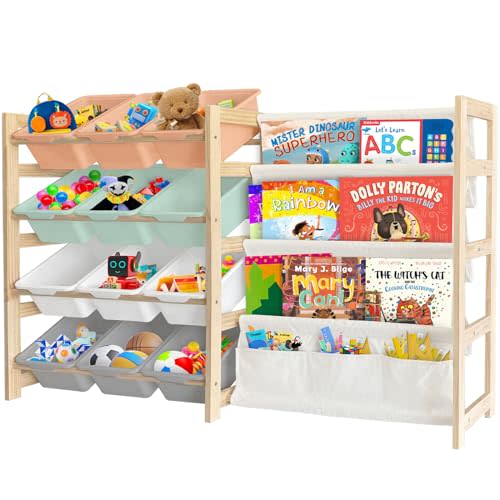 EXPERLAM Toy Storage Organizer with Bookshelf - 12 Storage Bins 4-Tier Multipurpose Shelf to Organize Toys and Books for Kids Room, Playroom, Nursery Room, Multi-Color
