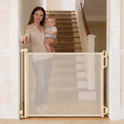 SPACEANY Retractable Baby Gate, Mesh Safety Gate for Doorways and Stairs, 45 inches Wide, Cream