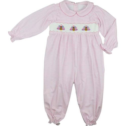 Pink Stripe Knit Smocked Turkeys Long Bubble