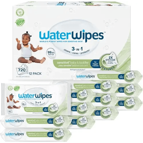WaterWipes Sensitive+ Baby & Toddler Wipes, 3-In-1 Cleans, Cares, Protects, 99.9% Water, Textured Clean, Unscented & Hypoallergenic, 720 Count (12 Packs)