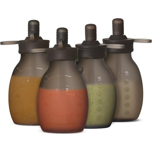 haakaa Hippo Pouch – Reusable Pouches for Toddlers, Reusable Baby Food Pouches for Homemade Organic Purees, Juices, Smoothies, and Yogurt, 9oz, 4 Pack, (Grey)