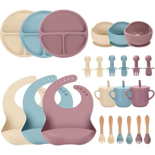 JELLDJK 24 PCS Silicone Baby Feeding Set, Baby Led Weaning Supplies Includes Suction Bowls and Divided Plates, Adjustable Silicone Bib, Spoons&forks, Training cup with straw (Green+Brown+Beige)