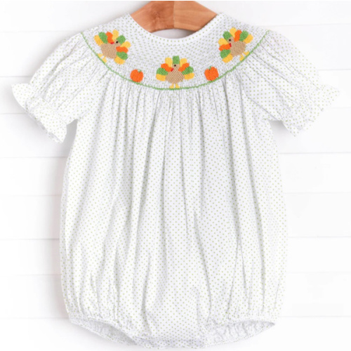Turkey Smocked Bubble, Green Bitty Dot – Stitchy Fish