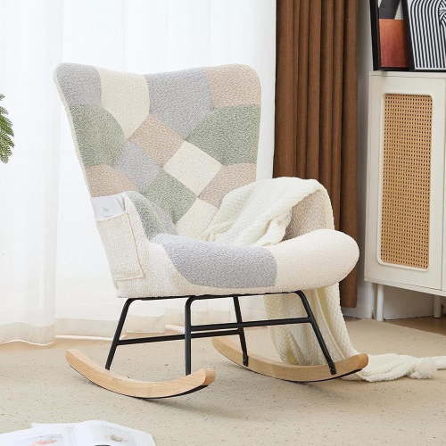 Hforesty Nursery Rocking Chair Upholstered Glider Rocker,Comfy Armchair for Living Room & Nursery,side pocket,(Cotton Linen)splicing YELLOW